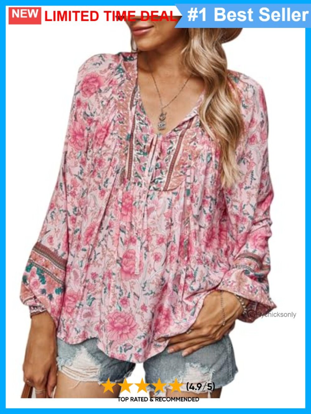 Boho Floral V-Neck Peasant Blouse Lace-Up Long Sleeve Tunics
